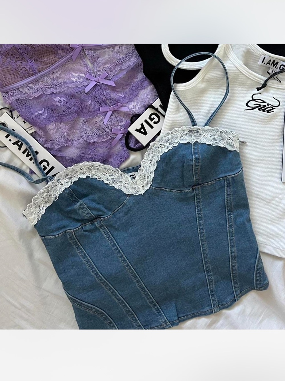 I.AM.GIA Denim Lace Trim Corset Cami Top - Blue